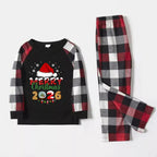 Red and Gray Plaid Christmas Pajamas Set With Santa Hat and "Merry Christmas 2026" Text Print