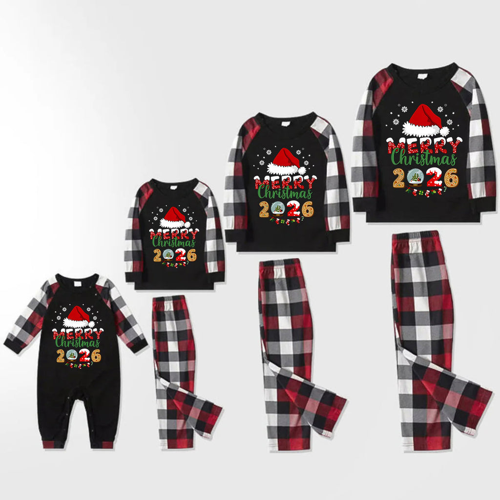 Red and Gray Plaid Christmas Pajamas Set With Santa Hat and "Merry Christmas 2026" Text Print