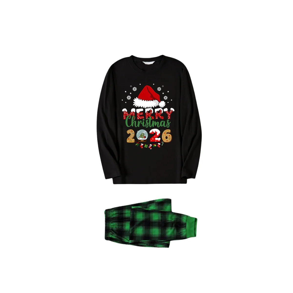 Black Top and Green Plaid Pants Christmas Pajamas Set With Santa Hat and "Merry Christmas 2026" Text Print