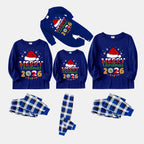 Navy & White Plaid Christmas Pajamas Set With Santa Hat and "Merry Christmas 2026" Text Print