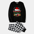 Black and White Plaid Christmas Pajamas Set With Santa Hat and "Merry Christmas 2026" Text Print