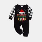 Black and White Plaid Christmas Pajamas Set With Santa Hat and "Merry Christmas 2026" Text Print