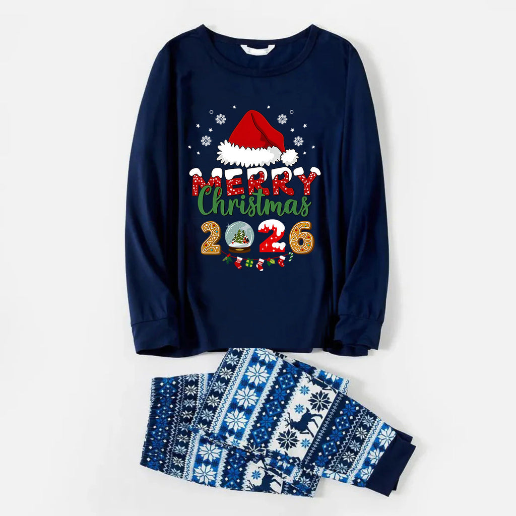Joyful Blue Christmas Pajamas Set With Santa Hat and "Merry Christmas 2026" Text Print