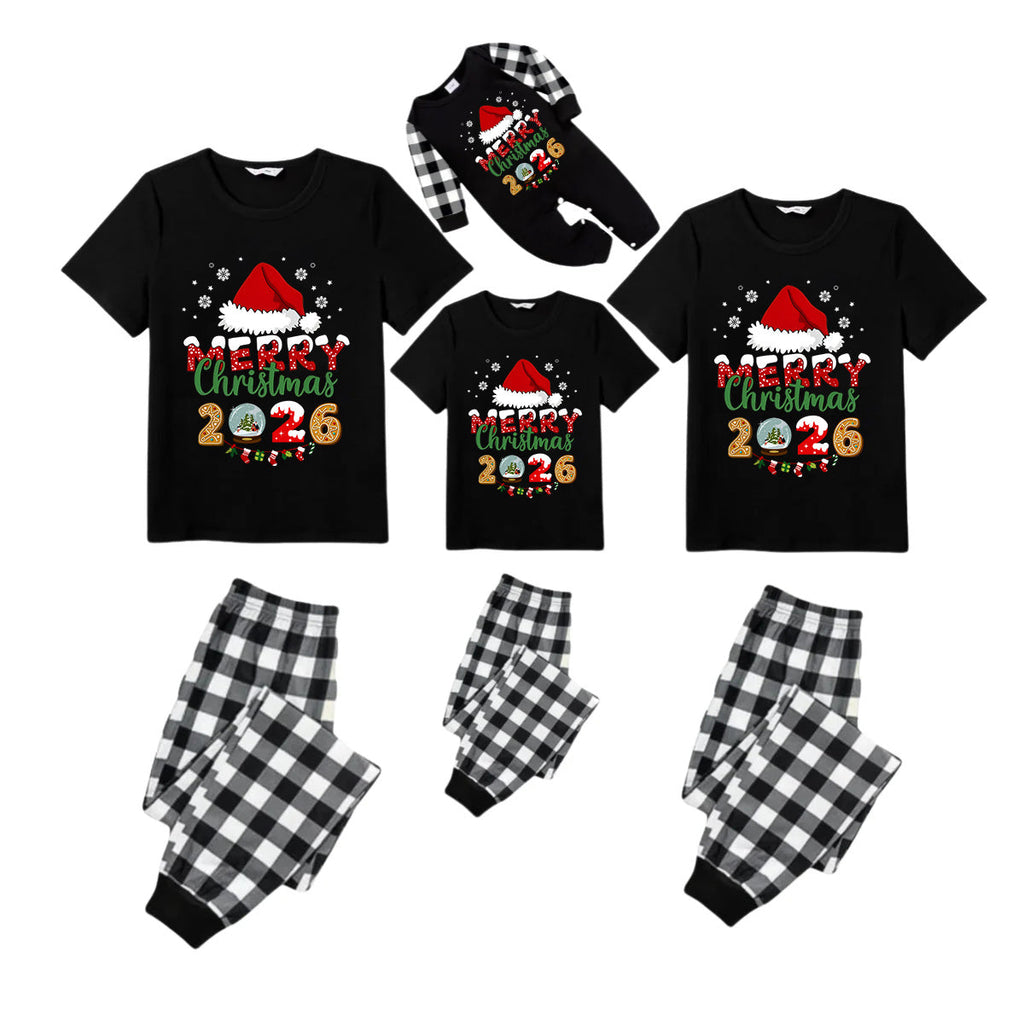 Black and White Plaid Christmas Short Sleeve Pajamas Set With Santa Hat and "Merry Christmas 2026" Text Print