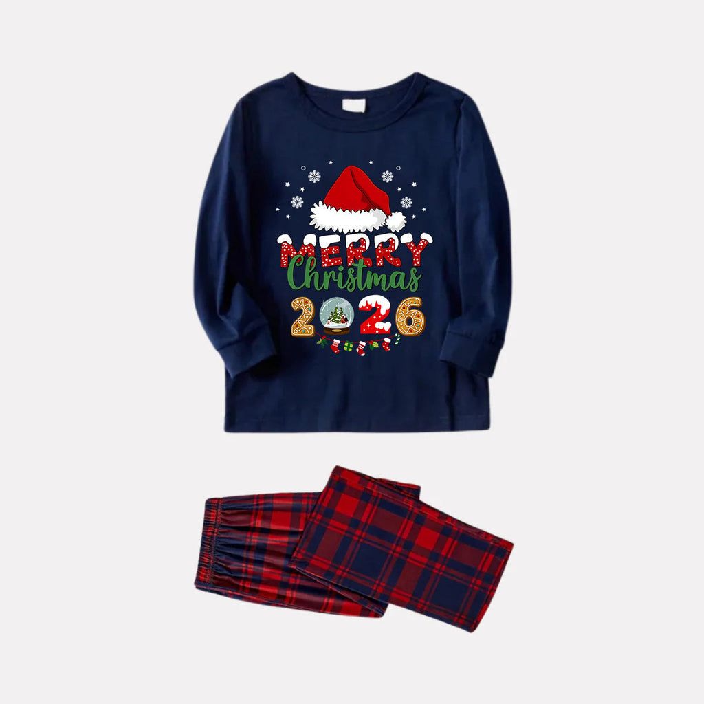 Navy & Red Plaid Christmas Pajamas Set With Santa Hat and "Merry Christmas 2026" Text Print