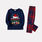 Navy & Red Plaid Christmas Pajamas Set With Santa Hat and "Merry Christmas 2026" Text Print