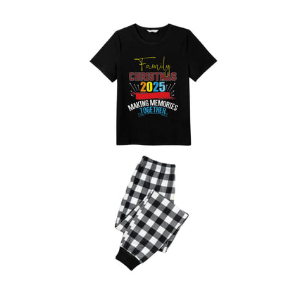Black and White Plaid Short Sleeve Christmas Pajamas Set With Christmas Text Pattern Edition
