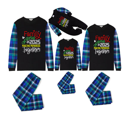 Blue and Green Plaid Christmas Pajamas Set With "Family Christmas 2025 Making Memories Together" Playful Text Print