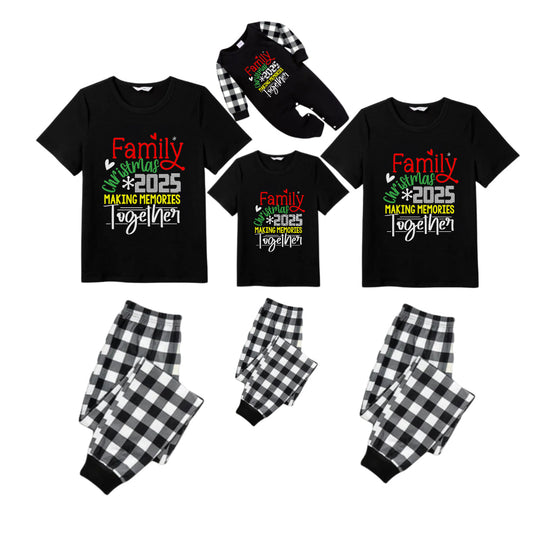 Black and White Plaid Short Sleeve Christmas Pajamas Set Featuring Christmas Cheer Text Prints