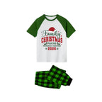 Family Christmas Pajamas Set - White Top Green Sleeves Green Plaid Pants Santa Hat Graphic