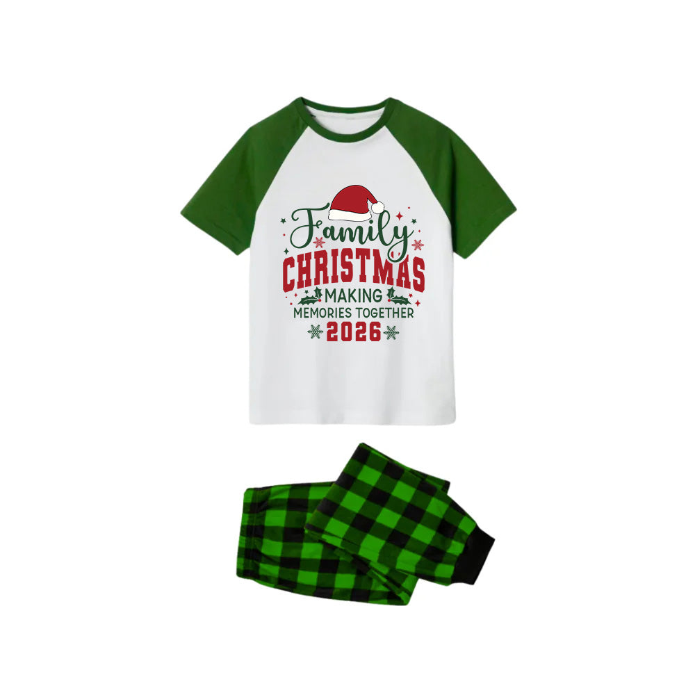 Family Christmas Pajamas Set - White Top Green Sleeves Green Plaid Pants Santa Hat Graphic