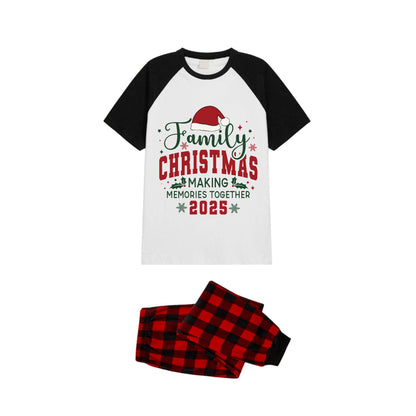 Black and Red Plaid Raglan Short Sleeve Pajamas Set With "Family Christmas Making Memories Together 2025" Slogan Print