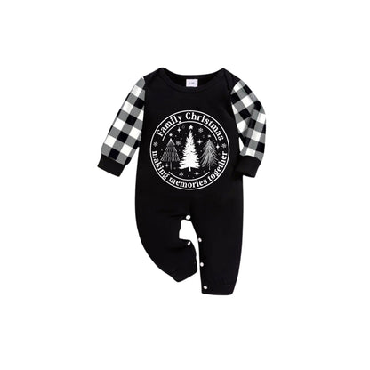 Black and White Plaid Short Sleeve Christmas Pajamas Set Featuring Christmas Tree and Cheer Text Prints
