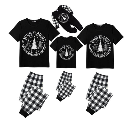 Black and White Plaid Short Sleeve Christmas Pajamas Set Featuring Christmas Tree and Cheer Text Prints
