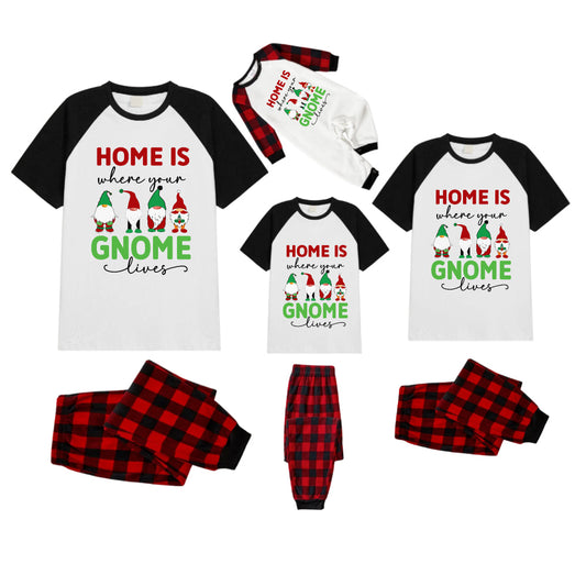 Black and Red Plaid Raglan Short Sleeve Pajamas Set With "Home Is Where Your Gnome Lives" Slogan Print