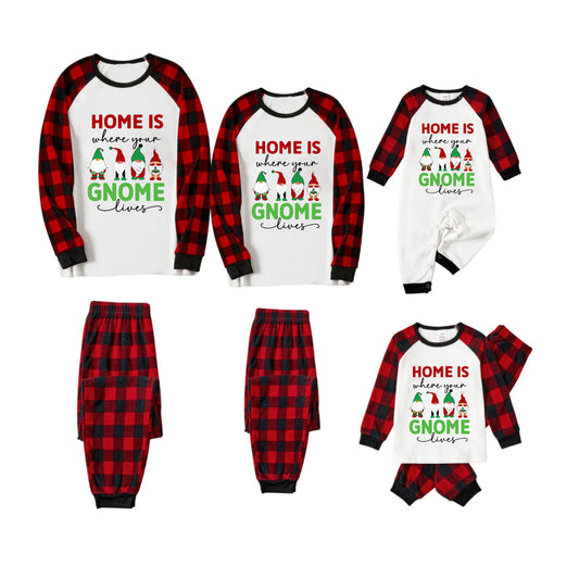 Red and Black Plaid Christmas Pajamas Set With Gnomies Family and Christmas Slogan Print