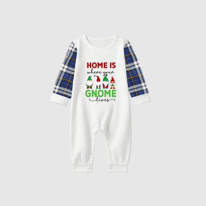 Christmas Family Matching Pajamas-Blue Raglan Top Blue Plaid Pants Pjs Set with "Home Is Where Your Gnome Lives" Print