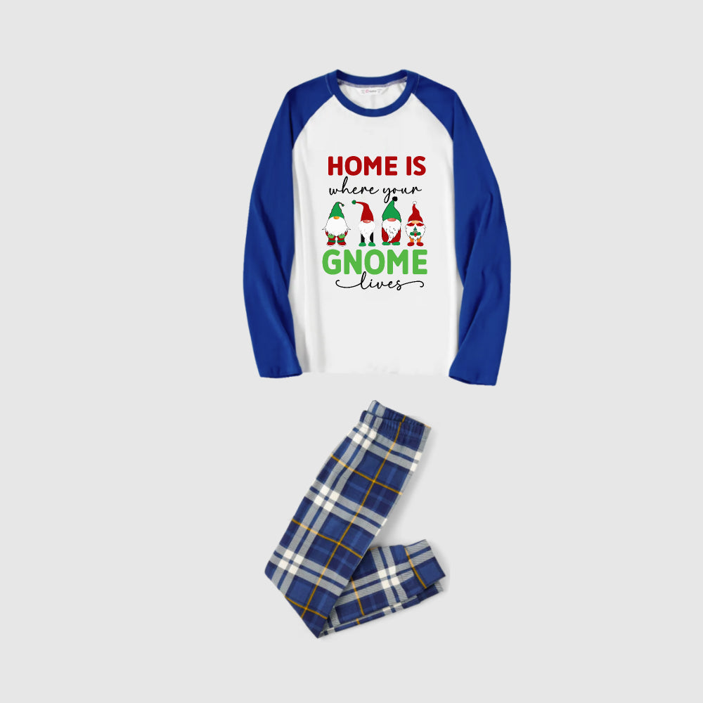 Christmas Family Matching Pajamas-Blue Raglan Top Blue Plaid Pants Pjs Set with "Home Is Where Your Gnome Lives" Print