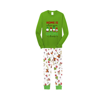 Christmas Family Matching Pajamas-Green Top and Grinch Pants Pjs Set with "Home Is Where Your Gnome Lives" Print
