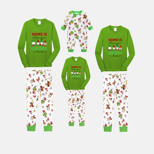 Christmas Family Matching Pajamas-Green Top and Grinch Pants Pjs Set with "Home Is Where Your Gnome Lives" Print