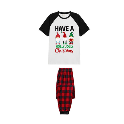 Black and Red Plaid Raglan Short Sleeve Pajamas Set With Cute Gnomes and "Have A Holly Jolly Christmas" Slogan Print