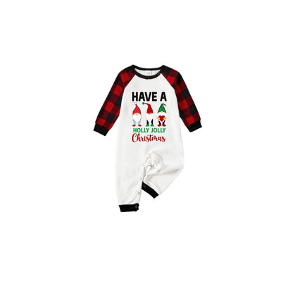 Black and Red Plaid Raglan Short Sleeve Pajamas Set With Cute Gnomes and "Have A Holly Jolly Christmas" Slogan Print