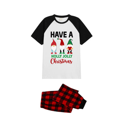 Black and Red Plaid Raglan Short Sleeve Pajamas Set With Cute Gnomes and "Have A Holly Jolly Christmas" Slogan Print