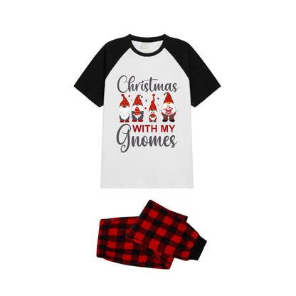 Black and Red Plaid Raglan Short Sleeve Pajamas Set With "Christmas With My Gnomes" Slogan Print