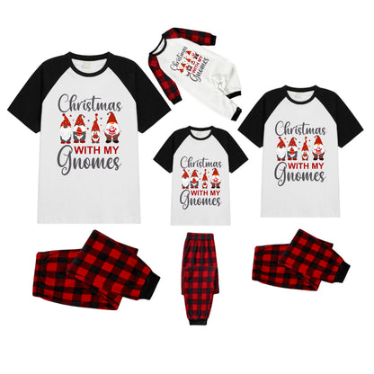 Black and Red Plaid Raglan Short Sleeve Pajamas Set With "Christmas With My Gnomes" Slogan Print