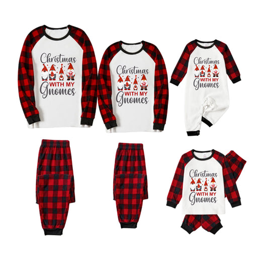 Red and Black Plaid Christmas Pajamas Set With Gnomies Family and "Christmas With My Gnomes" Slogan Print