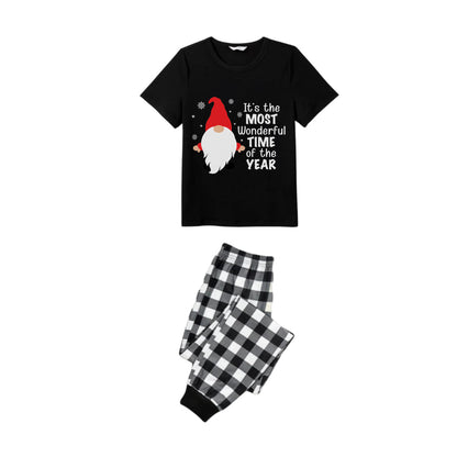 Black and White Plaid Short Sleeve Christmas Pajamas Set Featuring Gnome with Santa Quotes