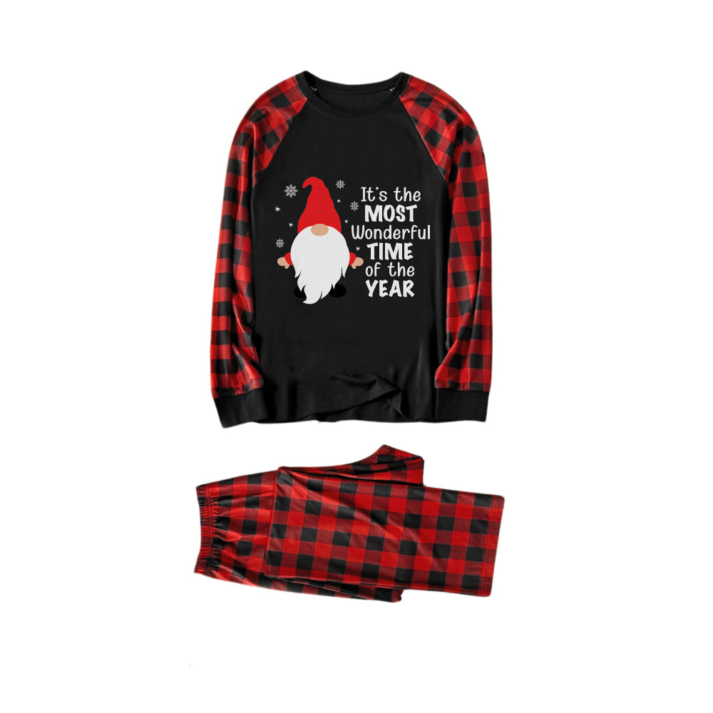 Red and Black Plaid Christmas Pajamas Set Featuring Gnome with Santa Quotes