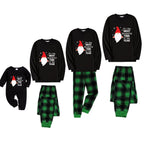 Christmas Family Matching Pajamas-Black Top and Green Plaid Pants Pjs Set with Cute Gnome and Christmas Slogan Print
