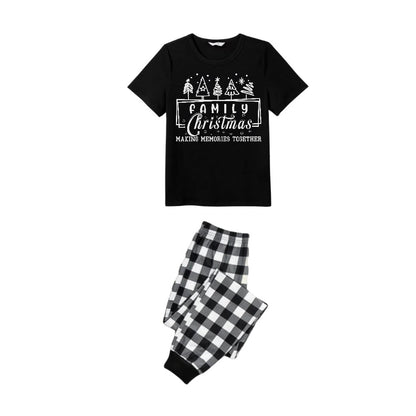 Black and White Plaid Short Sleeve Christmas Pajamas Set with Tree and Holiday Text Design