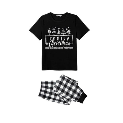 Black and White Plaid Short Sleeve Christmas Pajamas Set with Tree and Holiday Text Design