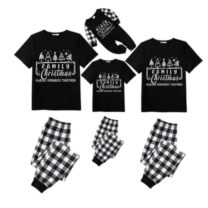 Black and White Plaid Short Sleeve Christmas Pajamas Set with Tree and Holiday Text Design