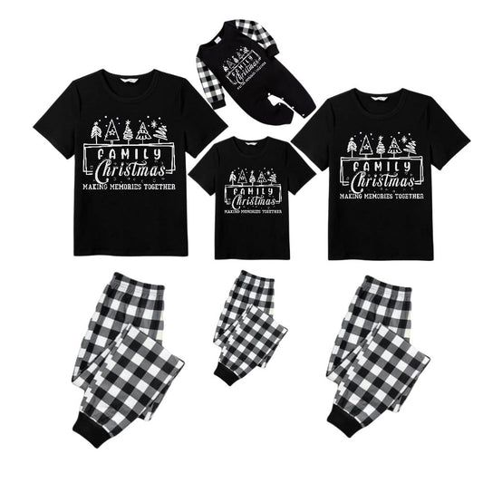 Black and White Plaid Short Sleeve Christmas Pajamas Set with Tree and Holiday Text Design