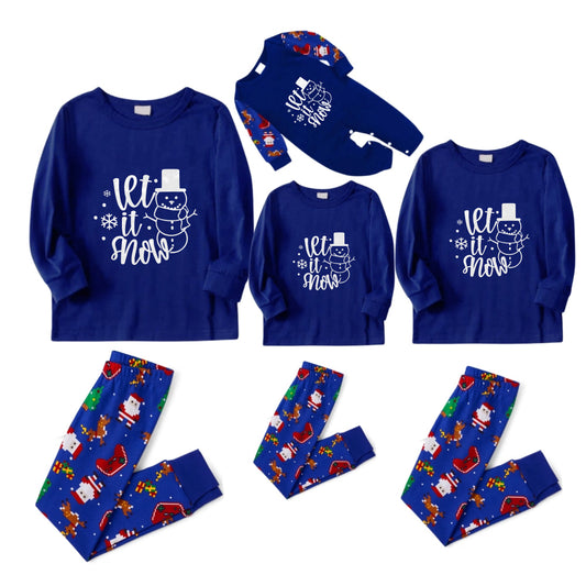 Christmas Family Matching Pajamas-Cozy Blue Pjs Set with Snowman and "Let It Snow" Slogan Print