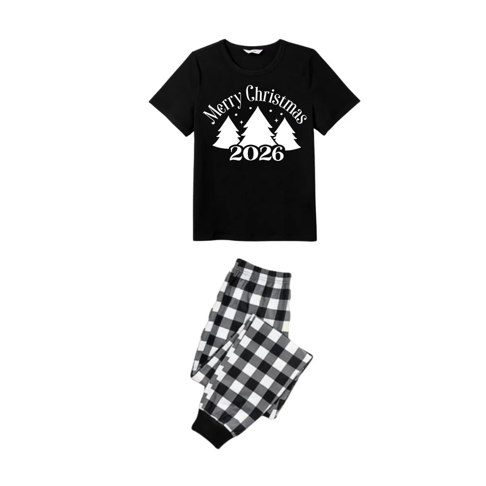 Black and White Plaid Short Sleeve Christmas Pajamas Set with Christmas Tree and Slogan Designs