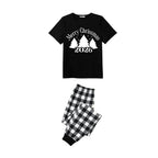 Black and White Plaid Short Sleeve Christmas Pajamas Set with Christmas Tree and Slogan Designs