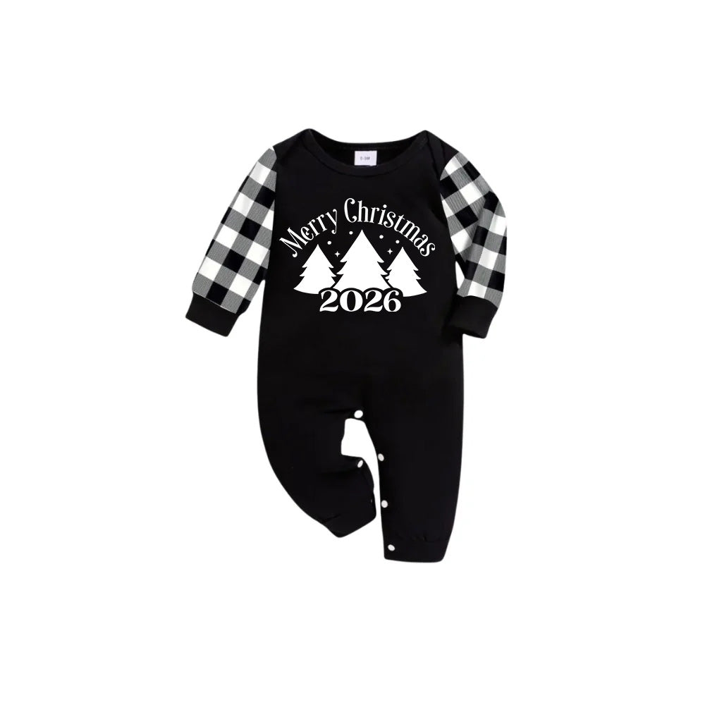 Black and White Plaid Short Sleeve Christmas Pajamas Set with Christmas Tree and Slogan Designs
