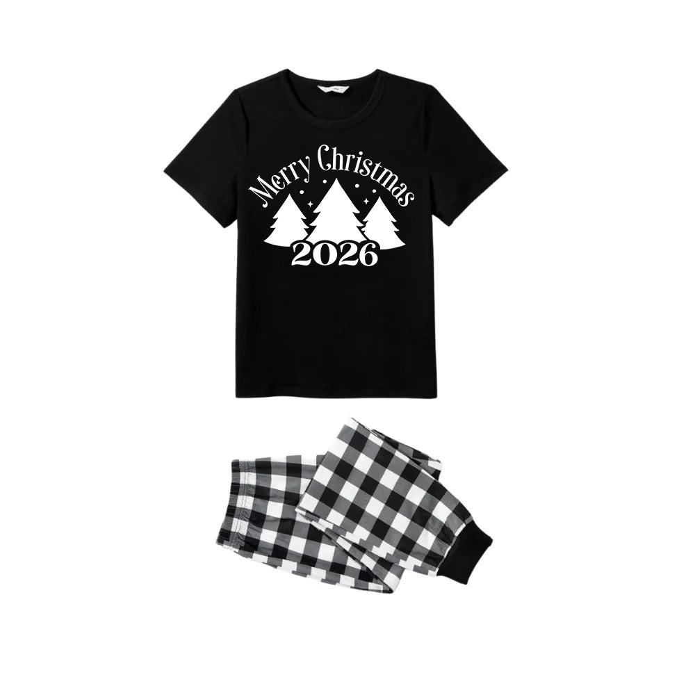 Black and White Plaid Short Sleeve Christmas Pajamas Set with Christmas Tree and Slogan Designs