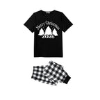Black and White Plaid Short Sleeve Christmas Pajamas Set with Christmas Tree and Slogan Designs