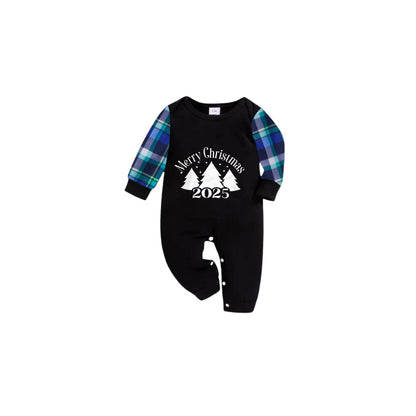 Blue and Green Plaid Christmas Pajamas Set With Christmas Trees and "Merry Christmas 2025" White and Black Print
