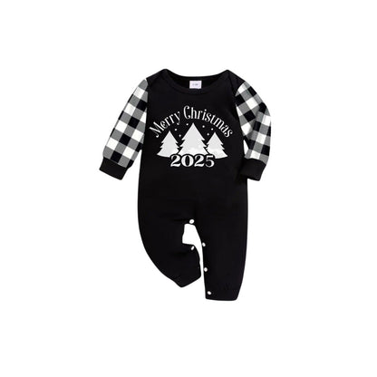 Black and White Plaid Short Sleeve Christmas Pajamas Set with Christmas Tree and Slogan Designs