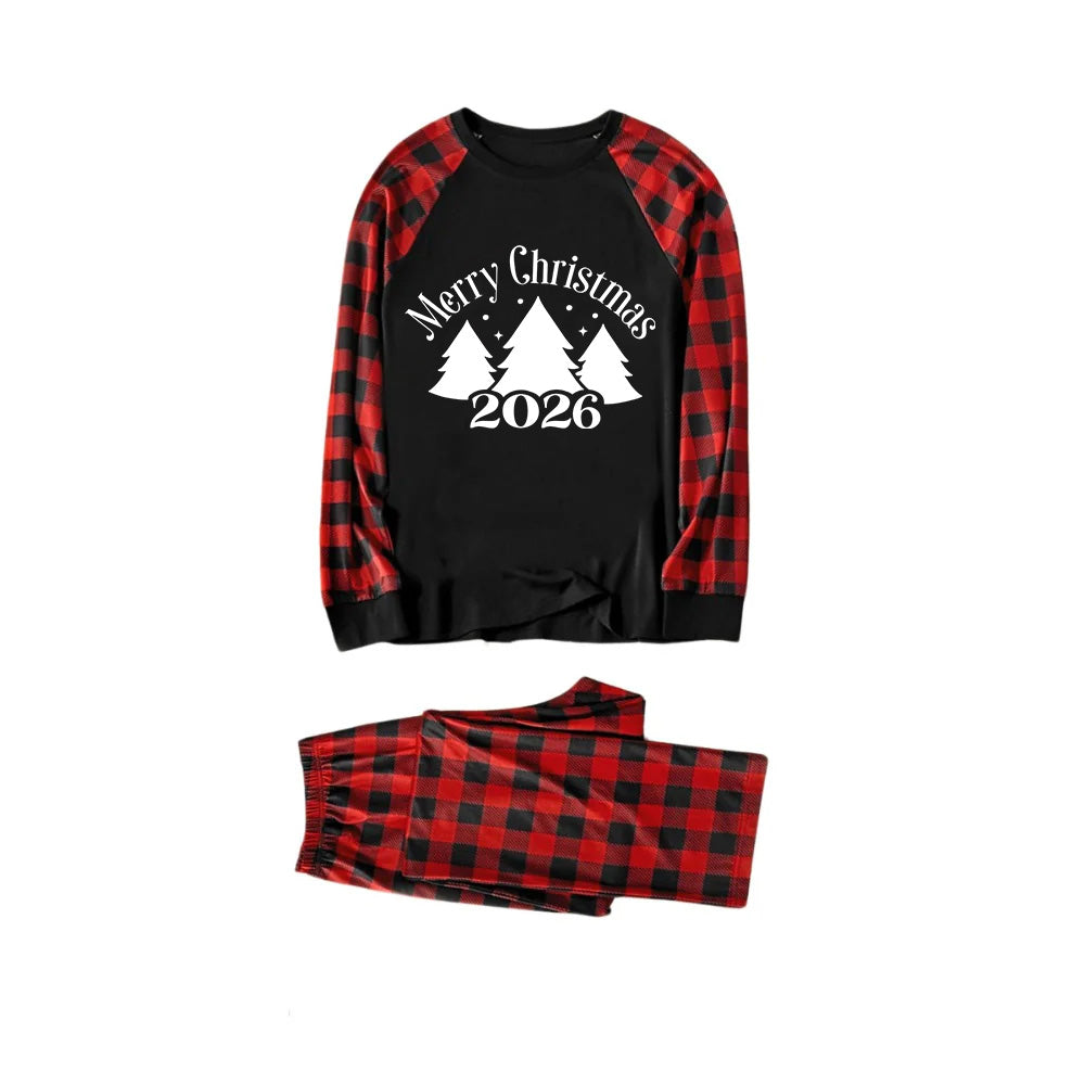 Red and Black Plaid Christmas Pajamas Set With Christmas Tree and Slogan Designs
