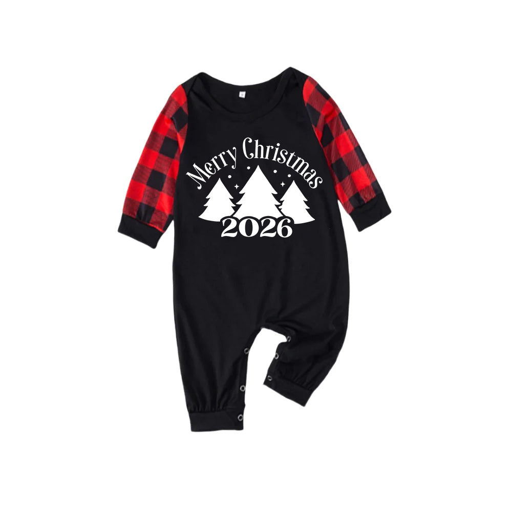 Red and Black Plaid Christmas Pajamas Set With Christmas Tree and Slogan Designs