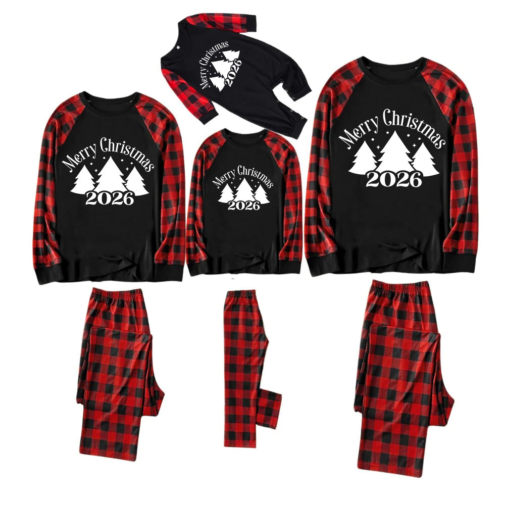 Red and Black Plaid Christmas Pajamas Set With Christmas Tree and Slogan Designs