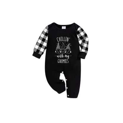 Black and White Plaid Short Sleeve Christmas Pajamas Set with Gnome and Humorous Holiday Text Prints