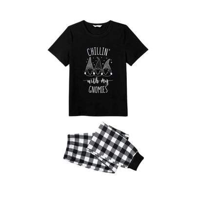 Black and White Plaid Short Sleeve Christmas Pajamas Set with Gnome and Humorous Holiday Text Prints